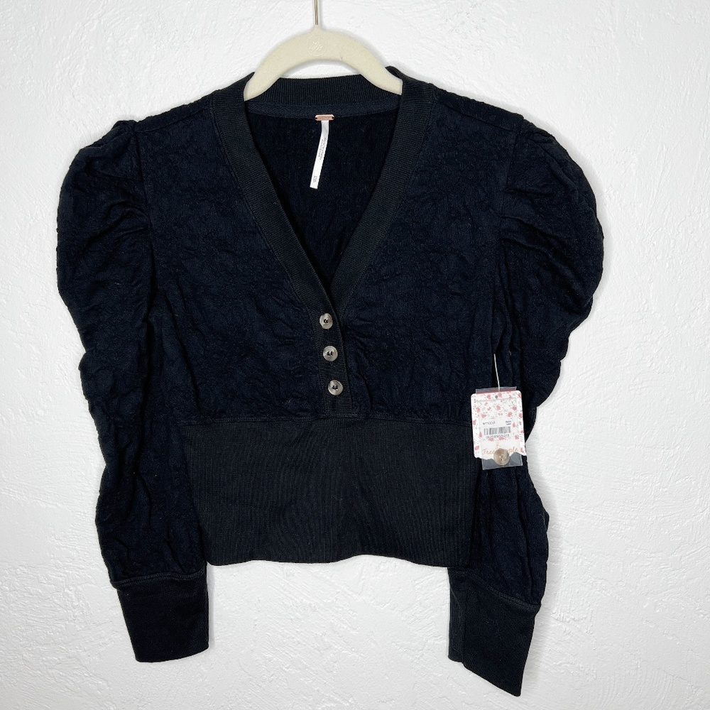 NWT Free People | Black Gemma Henley Blouse Ruched Shoulder Sleeve XS - Picture 2 of 15